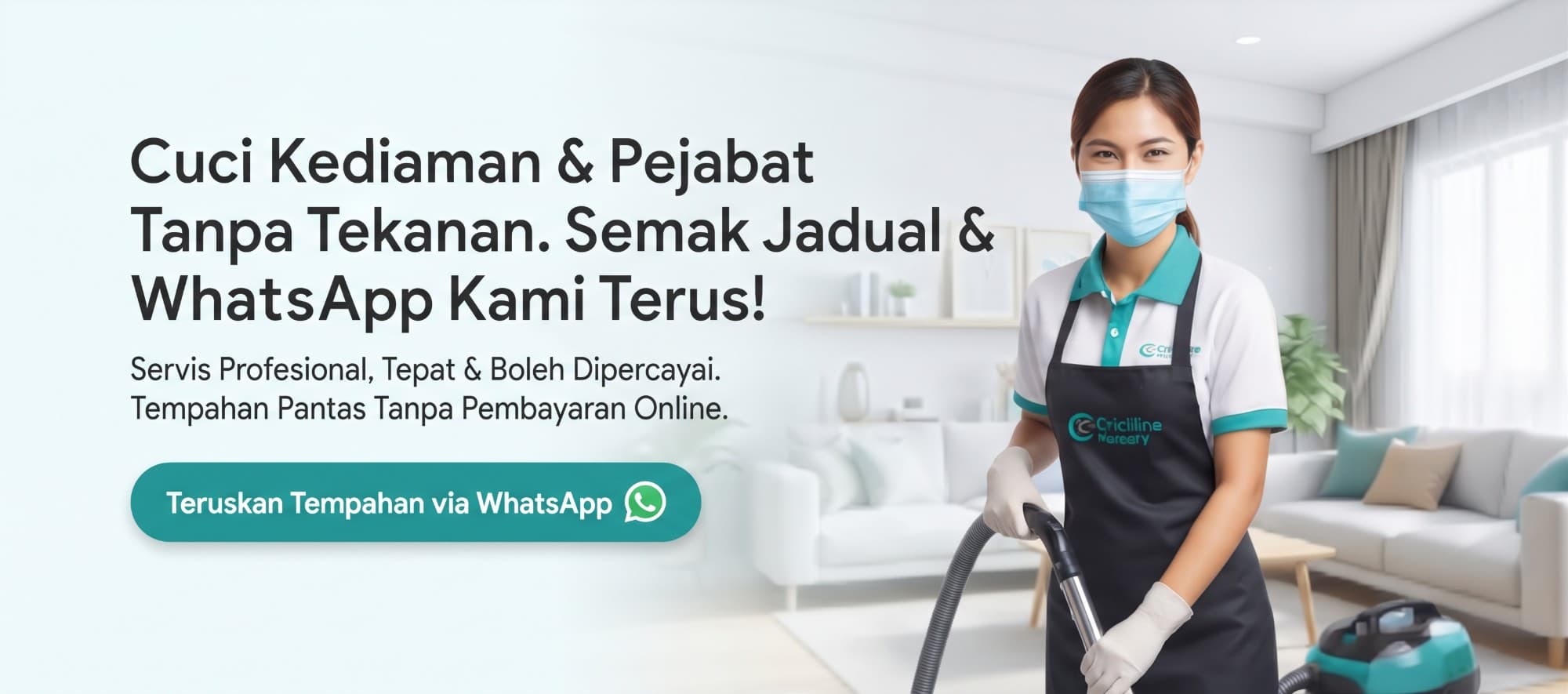 Pekerja pembersihan profesional Pro Cleaning Services dengan pembersih vakum di ruang tamu